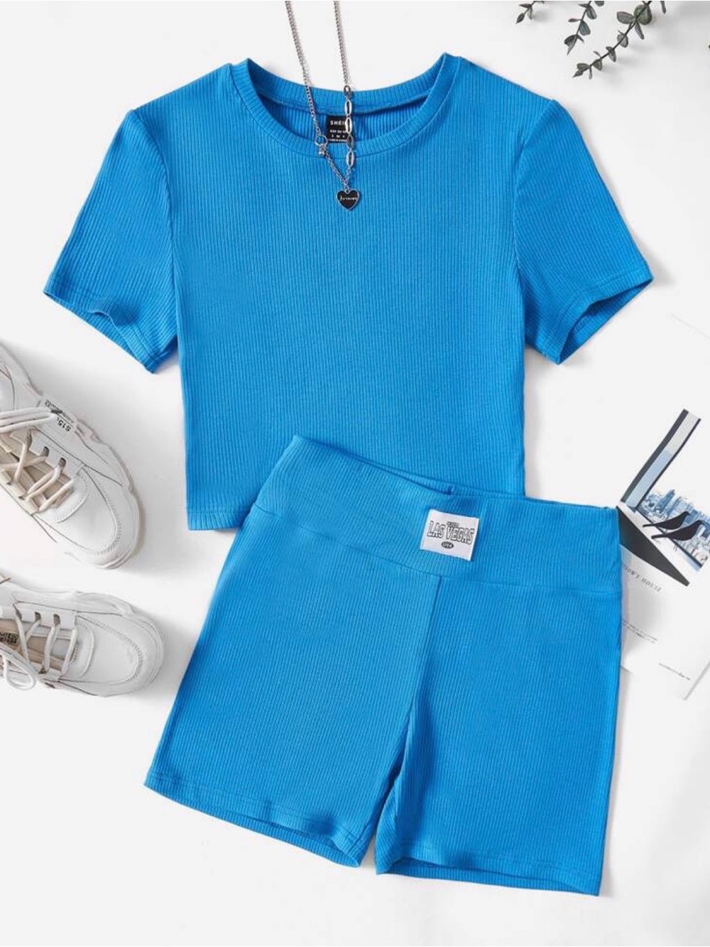 Bright Blue Ribbed Crop Top & High-Waist Shorts Set